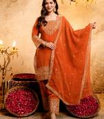 Orange crunchy heavy thread embroidery work kurta pant set