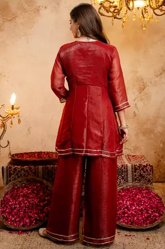 Rust crunchy heavy thread embroidery work kurta palazzo set