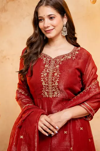 Rust crunchy heavy thread embroidery work kurta palazzo set