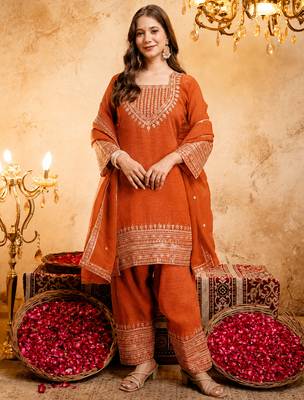 Orange crunchy heavy thread embroidery work kurta pant set 2