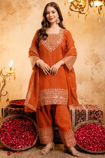 Orange crunchy heavy thread embroidery work kurta pant set