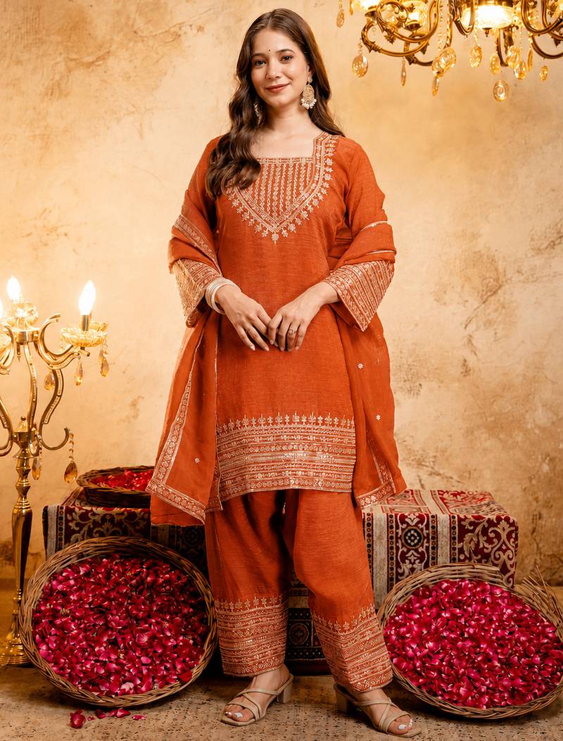 Orange crunchy heavy thread embroidery work kurta pant set