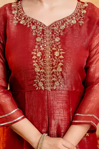Rust crunchy heavy thread embroidery work kurta palazzo set