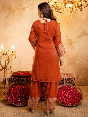 Orange crunchy heavy thread embroidery work kurta pant set 3