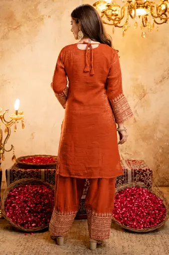 Orange crunchy heavy thread embroidery work kurta pant set