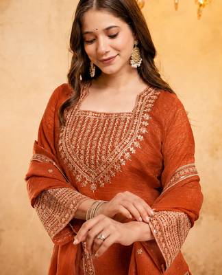 Orange crunchy heavy thread embroidery work kurta pant set 4