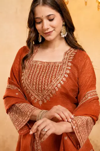Orange crunchy heavy thread embroidery work kurta pant set