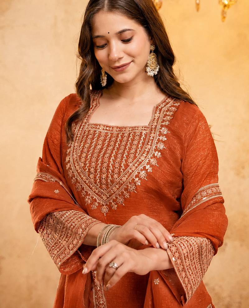Orange crunchy heavy thread embroidery work kurta pant set