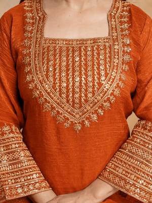 Orange crunchy heavy thread embroidery work kurta pant set 5