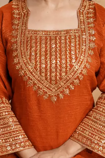 Orange crunchy heavy thread embroidery work kurta pant set