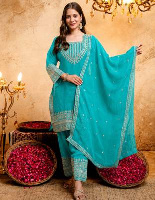 Sky blue crunchy heavy thread embroidery work kurta pant set 1