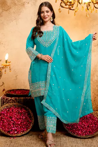 Sky blue crunchy heavy thread embroidery work kurta pant set