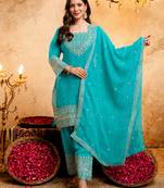 Sky blue crunchy heavy thread embroidery work kurta pant set