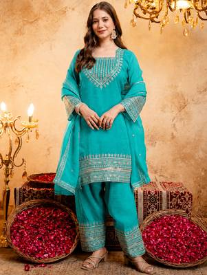 Sky blue crunchy heavy thread embroidery work kurta pant set 2