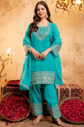 Sky blue crunchy heavy thread embroidery work kurta pant set