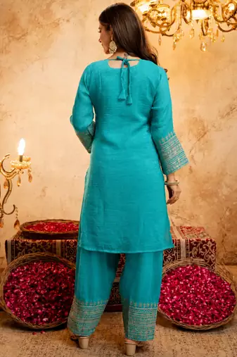 Sky blue crunchy heavy thread embroidery work kurta pant set