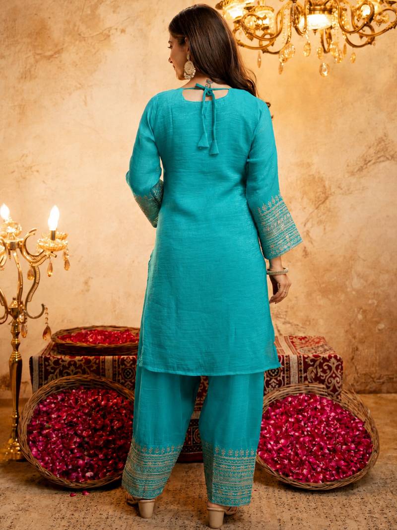 Sky blue crunchy heavy thread embroidery work kurta pant set