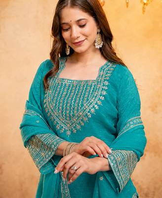 Sky blue crunchy heavy thread embroidery work kurta pant set 4