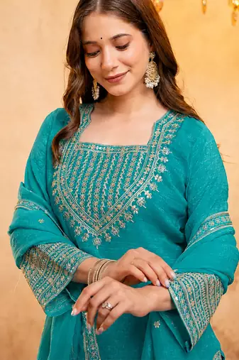 Sky blue crunchy heavy thread embroidery work kurta pant set