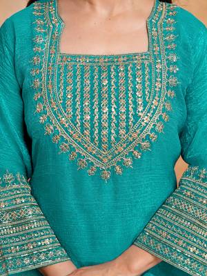 Sky blue crunchy heavy thread embroidery work kurta pant set 5
