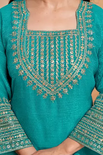 Sky blue crunchy heavy thread embroidery work kurta pant set