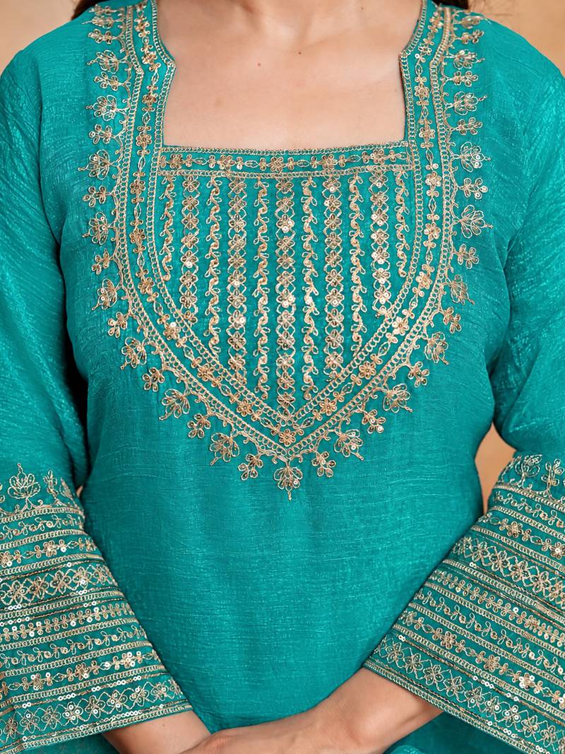 Sky blue crunchy heavy thread embroidery work kurta pant set