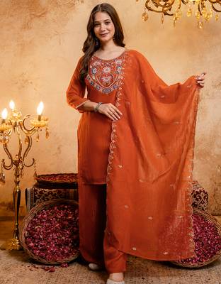 Orange crunchy heavy thread embroidery work kurta palazzo set 1