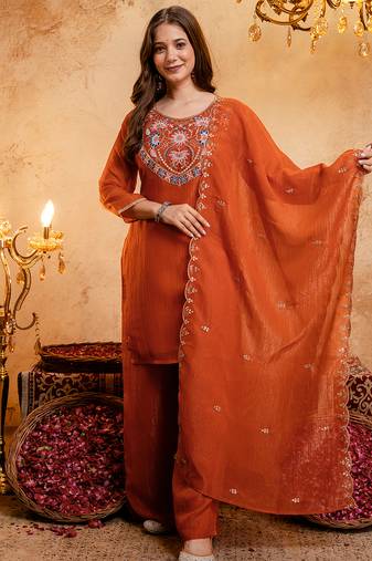 Orange crunchy heavy thread embroidery work kurta palazzo set