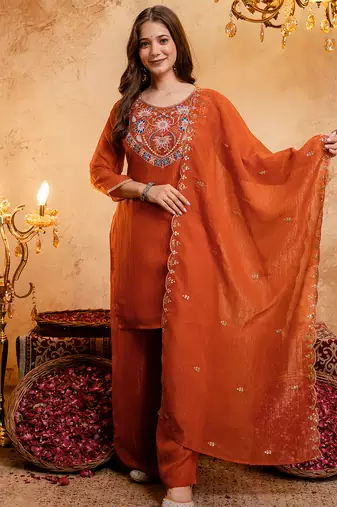 Orange crunchy heavy thread embroidery work kurta palazzo set