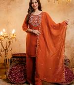 Orange crunchy heavy thread embroidery work kurta palazzo set