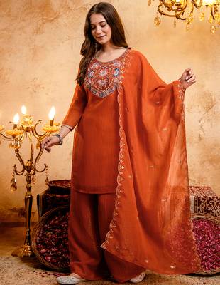 Orange crunchy heavy thread embroidery work kurta palazzo set 2
