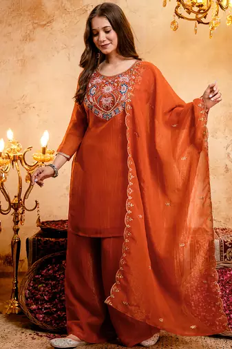 Orange crunchy heavy thread embroidery work kurta palazzo set