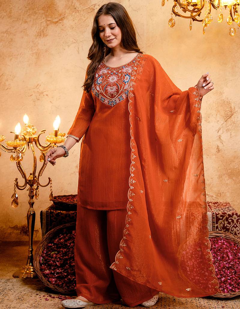 Orange crunchy heavy thread embroidery work kurta palazzo set