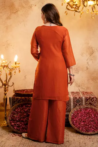 Orange crunchy heavy thread embroidery work kurta palazzo set