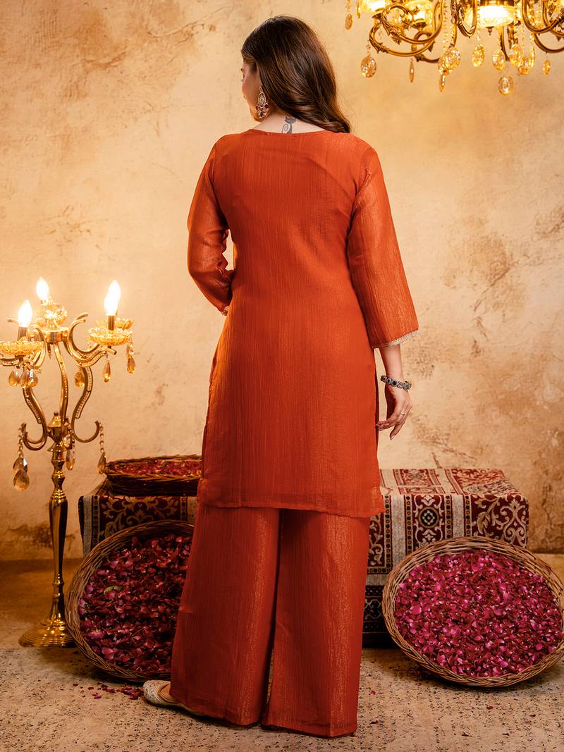 Orange crunchy heavy thread embroidery work kurta palazzo set