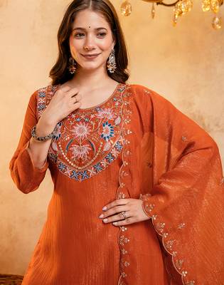 Orange crunchy heavy thread embroidery work kurta palazzo set 4