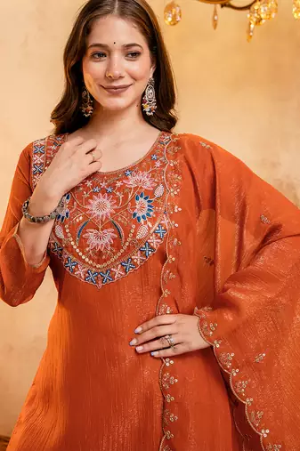 Orange crunchy heavy thread embroidery work kurta palazzo set