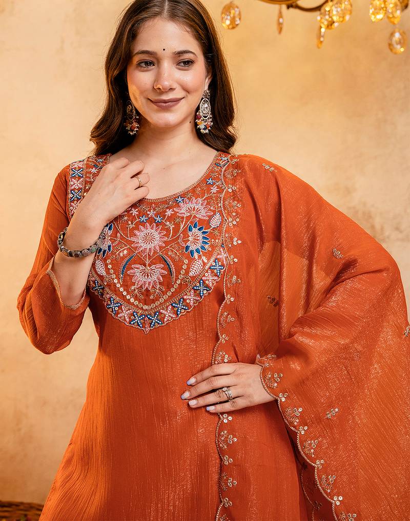 Orange crunchy heavy thread embroidery work kurta palazzo set