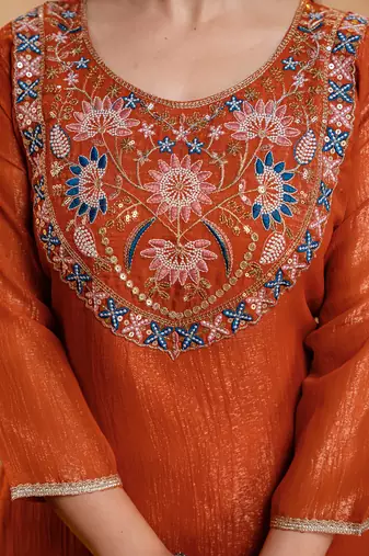 Orange crunchy heavy thread embroidery work kurta palazzo set
