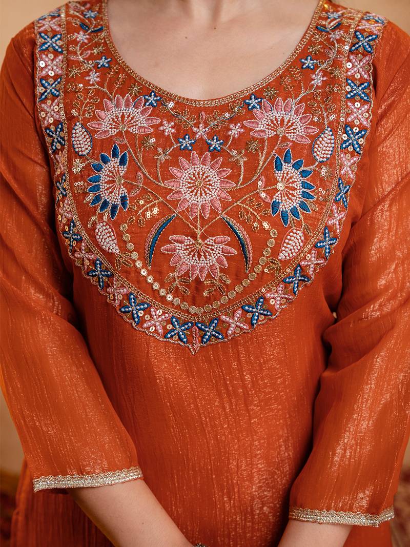 Orange crunchy heavy thread embroidery work kurta palazzo set