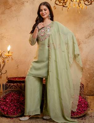Pista green crunchy heavy thread embroidery work kurta palazzo set 1