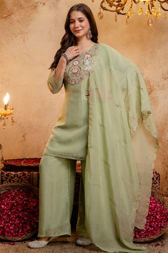 Pista green crunchy heavy thread embroidery work kurta palazzo set