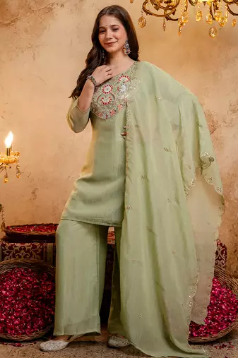 Pista green crunchy heavy thread embroidery work kurta palazzo set