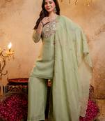 Pista green crunchy heavy thread embroidery work kurta palazzo set