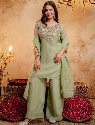 Pista green crunchy heavy thread embroidery work kurta palazzo set 2