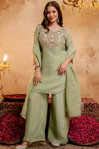 Pista green crunchy heavy thread embroidery work kurta palazzo set