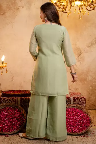 Pista green crunchy heavy thread embroidery work kurta palazzo set