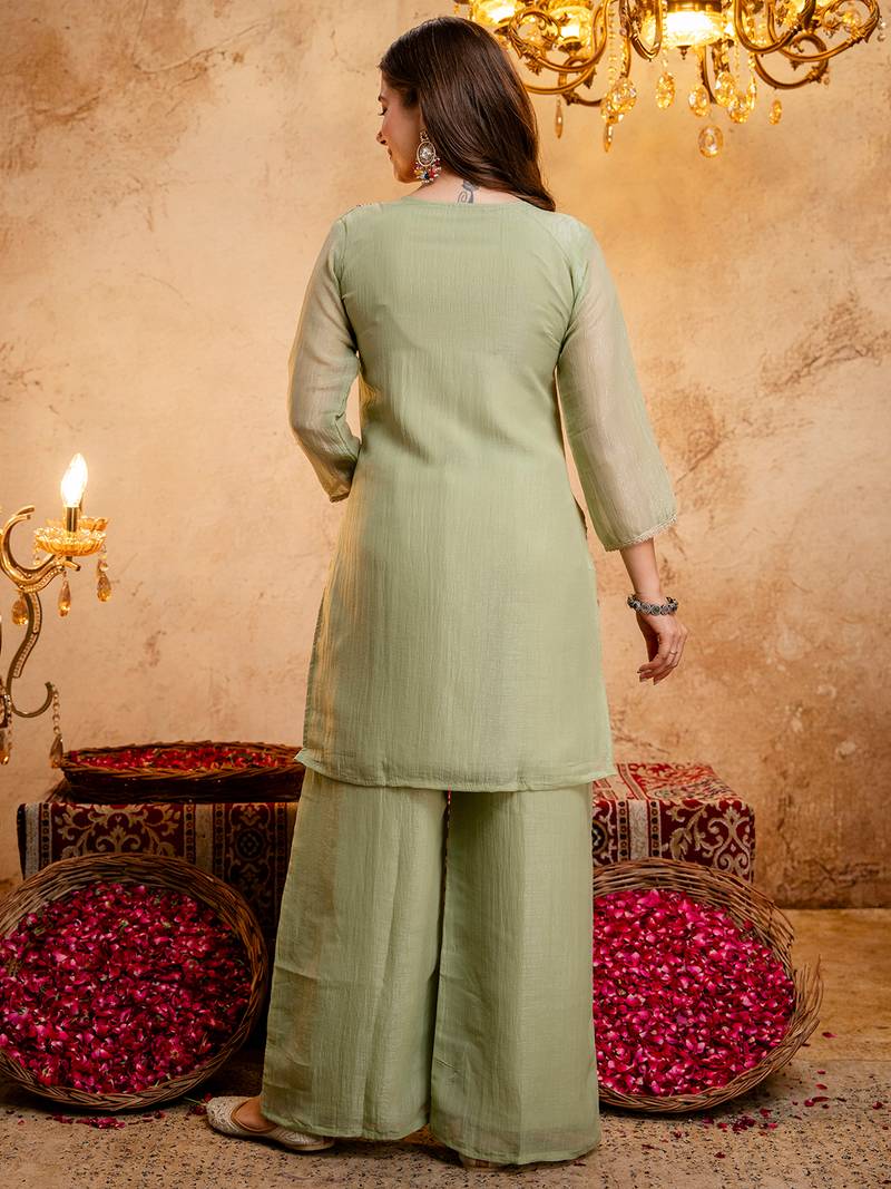 Pista green crunchy heavy thread embroidery work kurta palazzo set