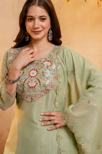 Pista green crunchy heavy thread embroidery work kurta palazzo set