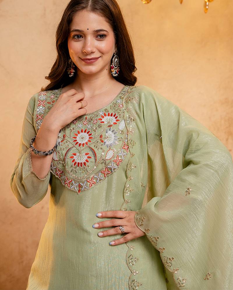 Pista green crunchy heavy thread embroidery work kurta palazzo set